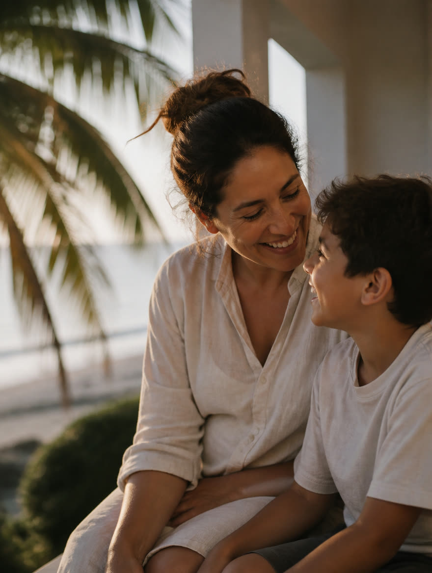 South Florida mother and son sharing a candid golden-hour moment