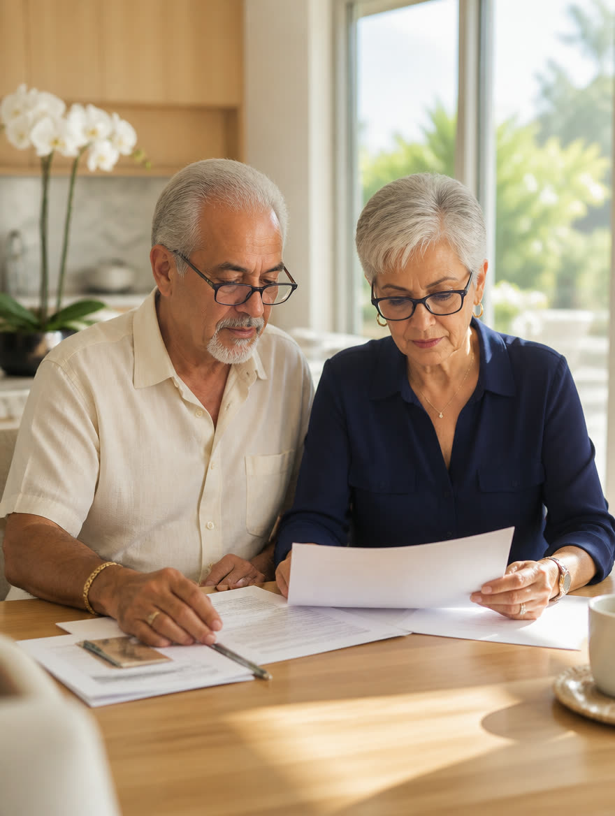 Mature couple reviewing Medicare paperwork at a sunlit kitchen table
