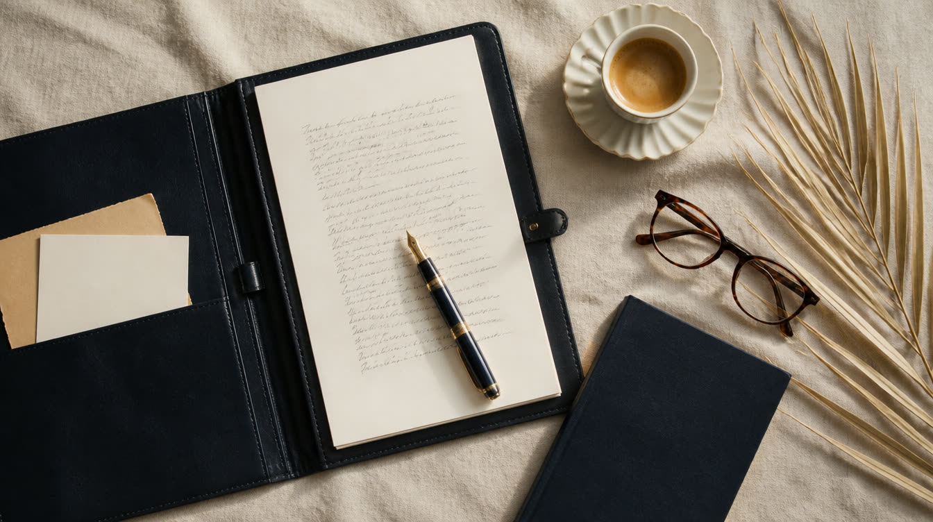 Editorial flat lay: leather portfolio, fountain pen, glasses, espresso