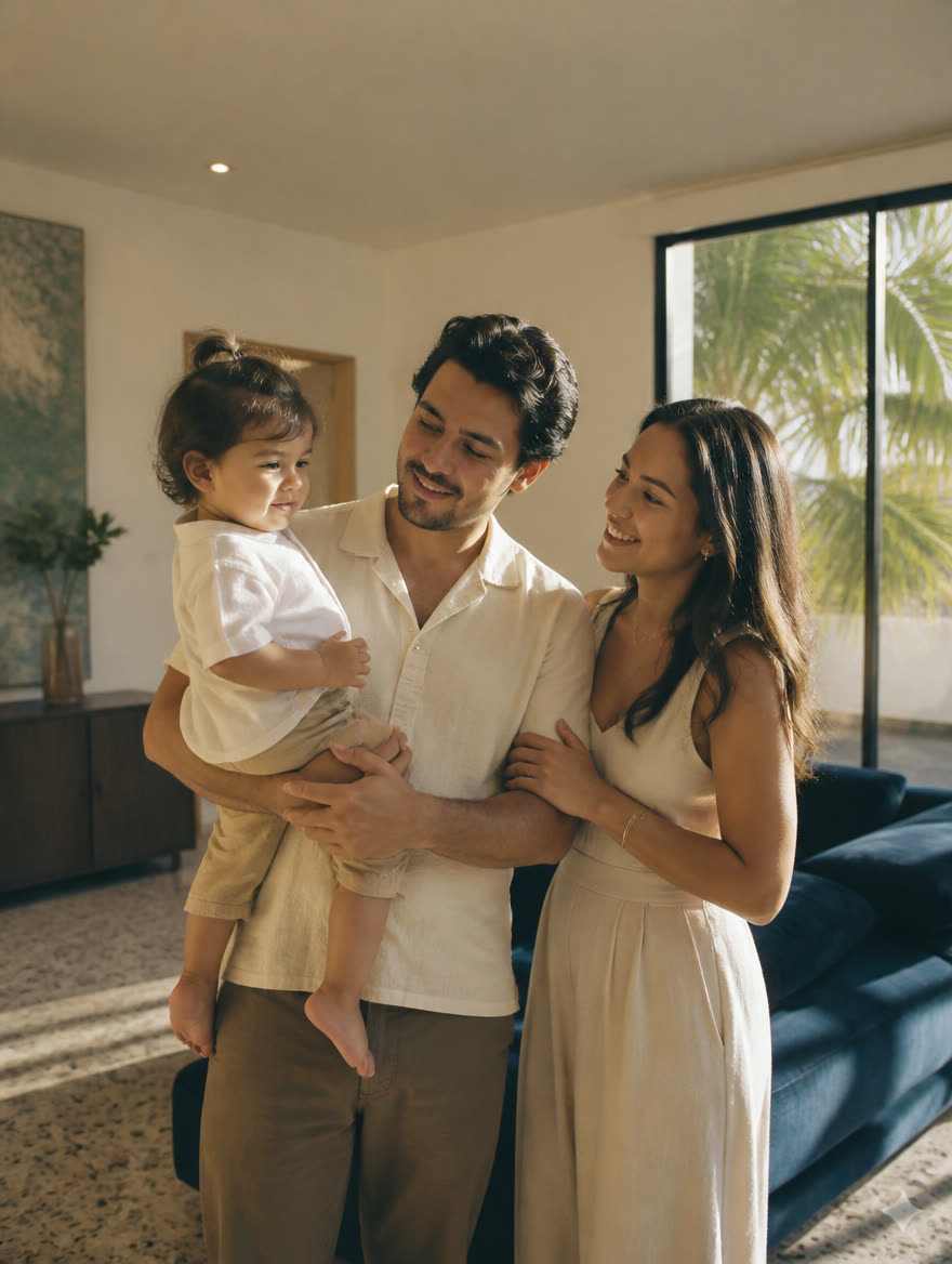 Young Hispanic family in a bright South Florida living room